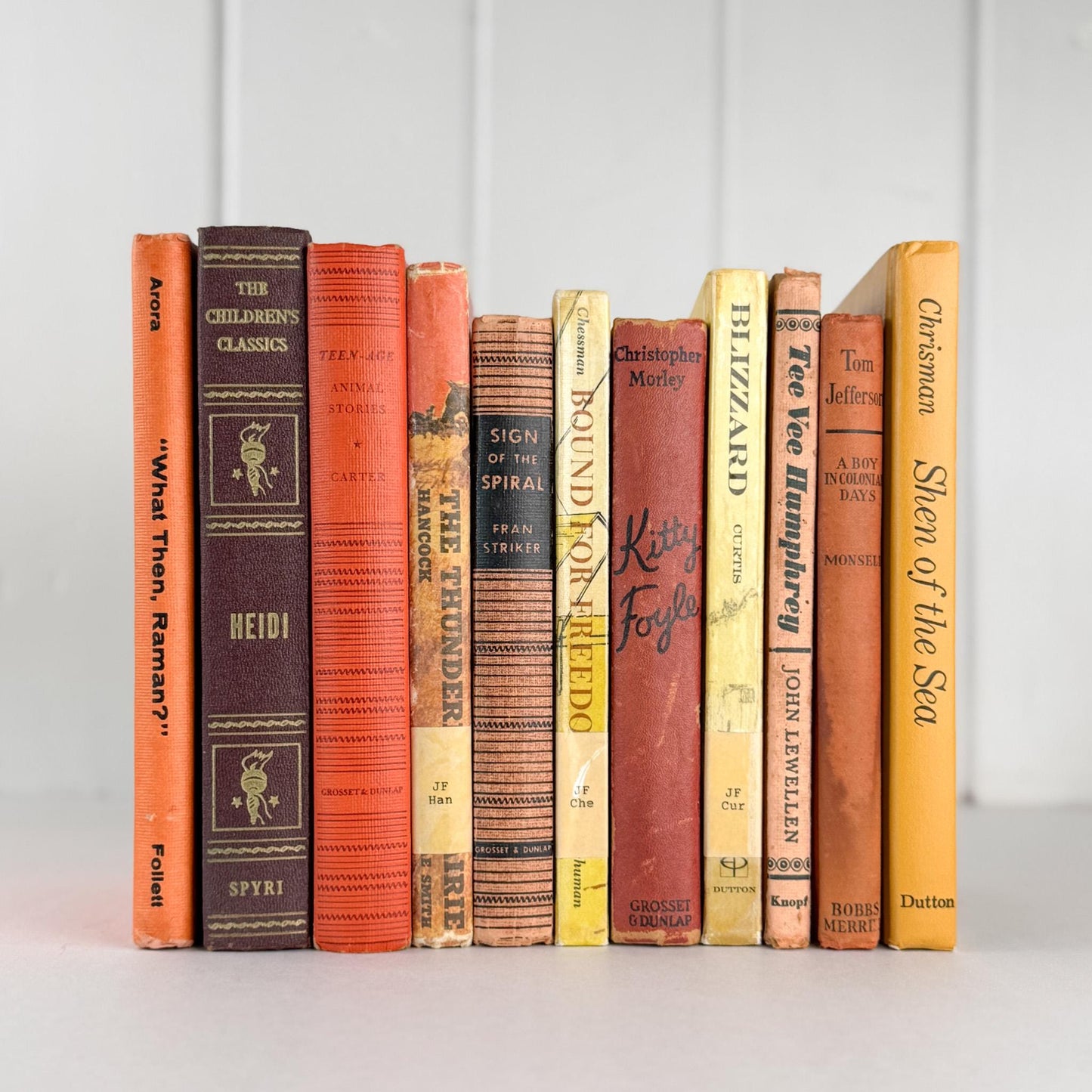 Vintage Children's Shabby Book Bundle in Orange, yellow, Mustard, and Red for Shelf Styling - Pretty Old Books