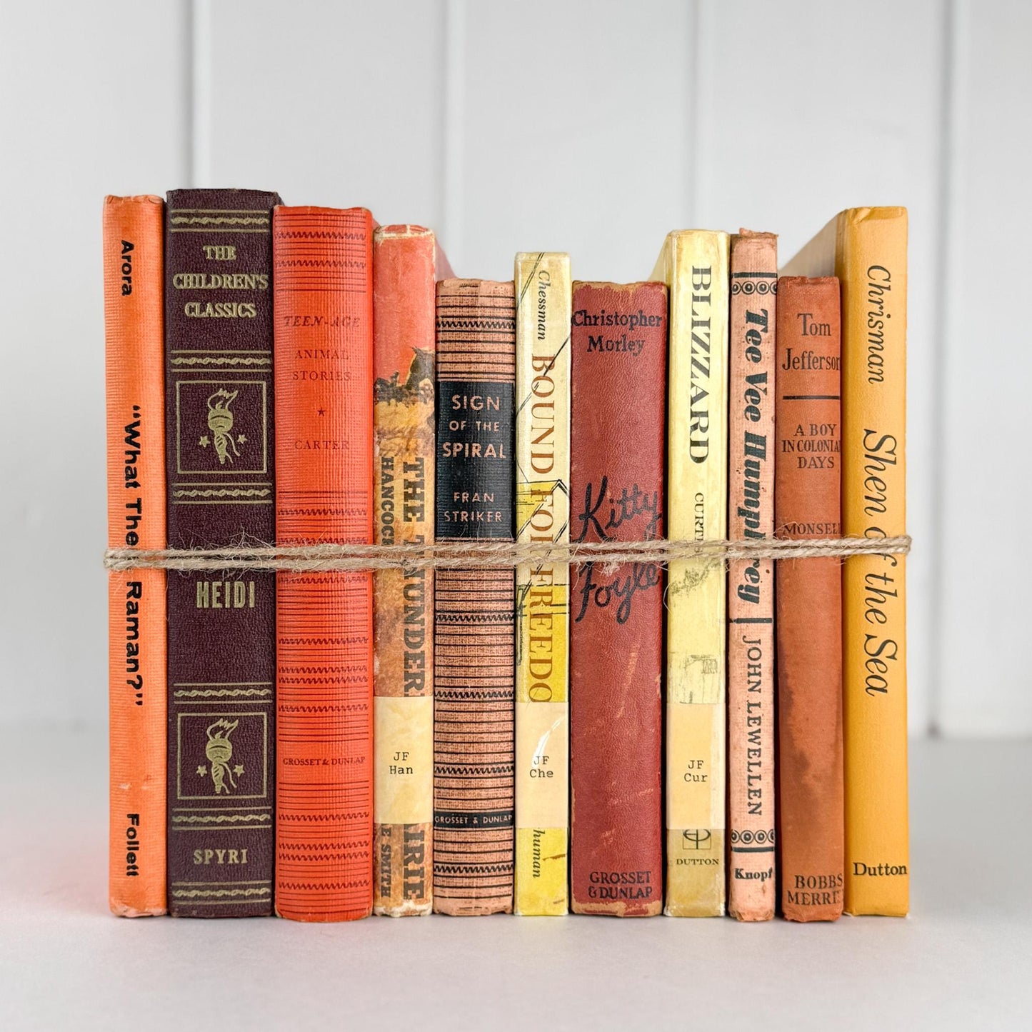 Vintage Children's Shabby Book Bundle in Orange, yellow, Mustard, and Red for Shelf Styling - Pretty Old Books