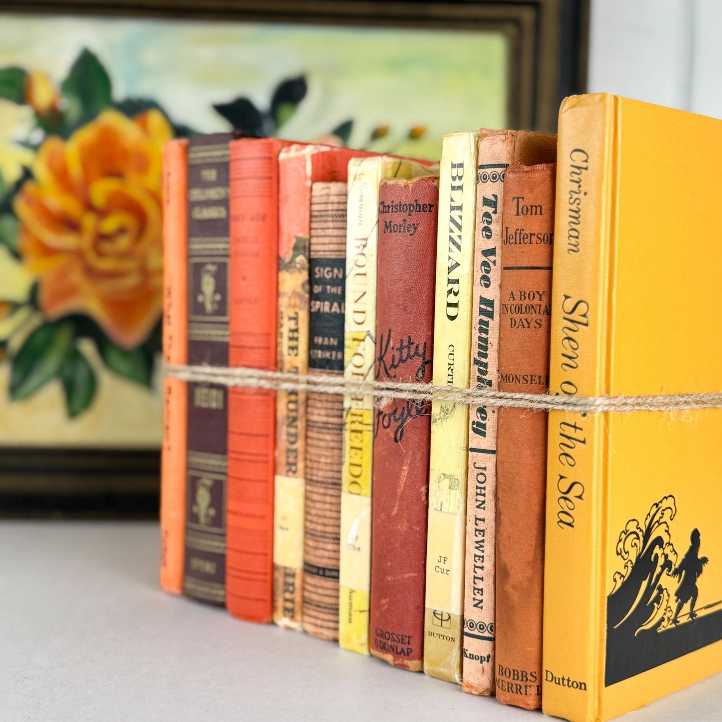 Vintage Children's Shabby Book Bundle in Orange, yellow, Mustard, and Red for Shelf Styling - Pretty Old Books