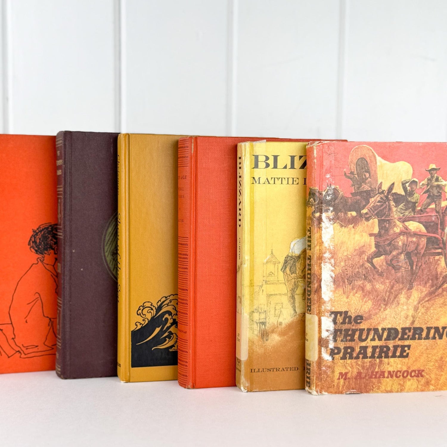 Vintage Children's Shabby Book Bundle in Orange, yellow, Mustard, and Red for Shelf Styling - Pretty Old Books