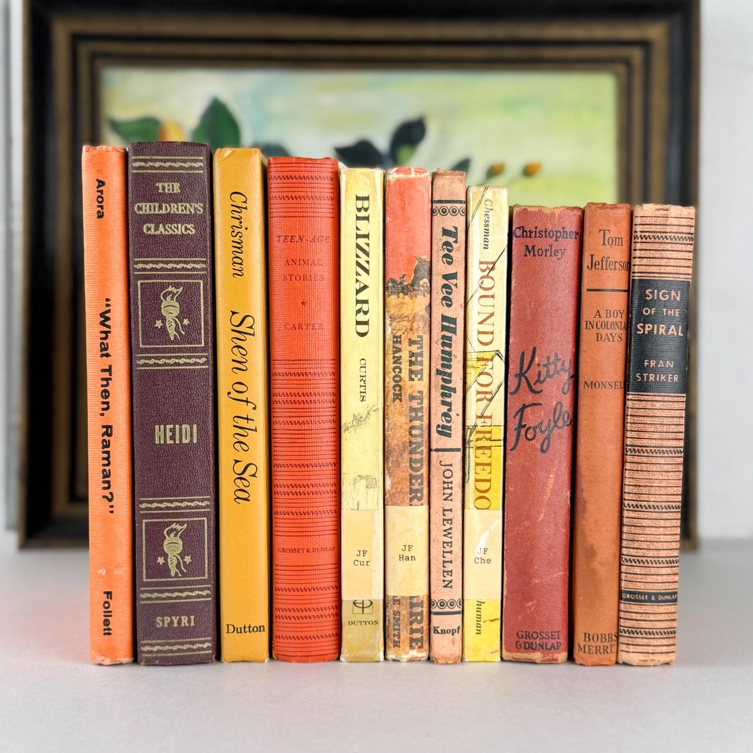 Vintage Children's Shabby Book Bundle in Orange, yellow, Mustard, and Red for Shelf Styling - Pretty Old Books