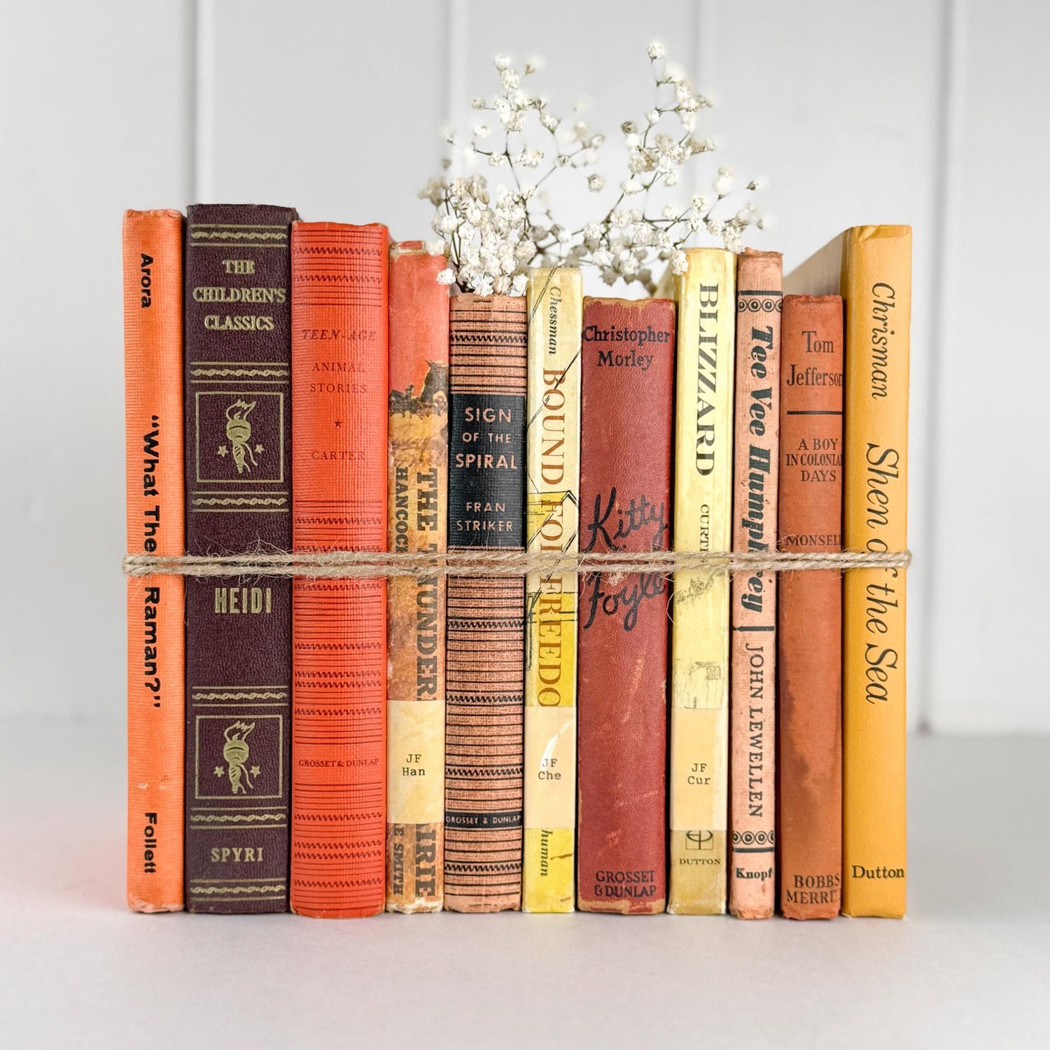 Vintage Children's Shabby Book Bundle in Orange, yellow, Mustard, and Red for Shelf Styling - Pretty Old Books