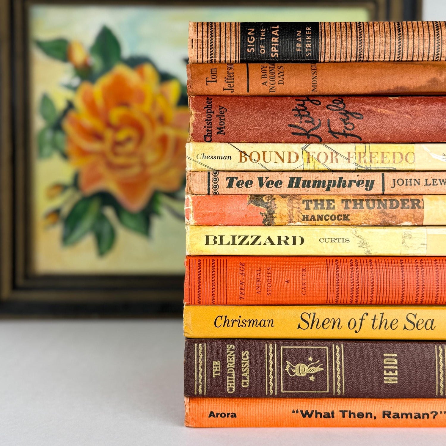 Vintage Children's Shabby Book Bundle in Orange, yellow, Mustard, and Red for Shelf Styling - Pretty Old Books