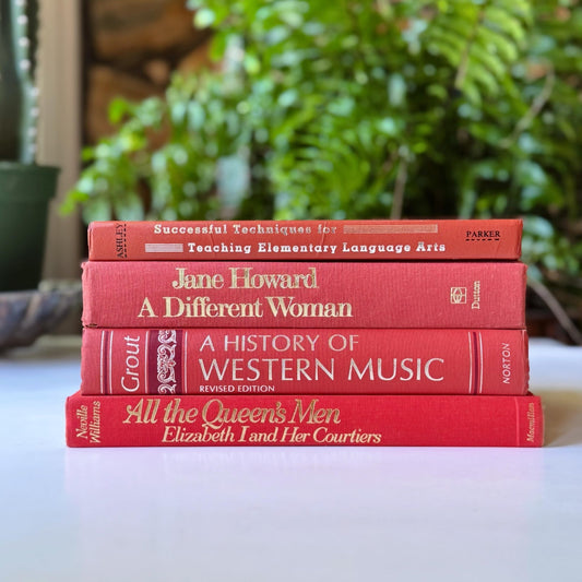 Vintage Coral and Gold Books for Display, Handmade Decor for Colorful Book Shelf - Pretty Old Books