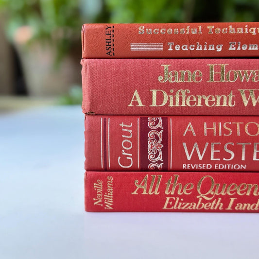 Vintage Coral and Gold Books for Display, Handmade Decor for Colorful Book Shelf - Pretty Old Books