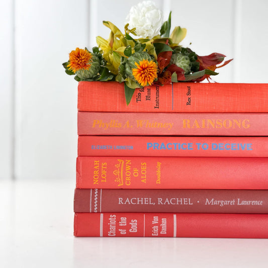 Vintage Coral and Scarlett Books for Display, Handmade Decor for Colorful Book Shelf - Pretty Old Books