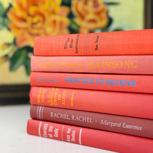 Vintage Coral and Scarlett Books for Display, Handmade Decor for Colorful Book Shelf - Pretty Old Books