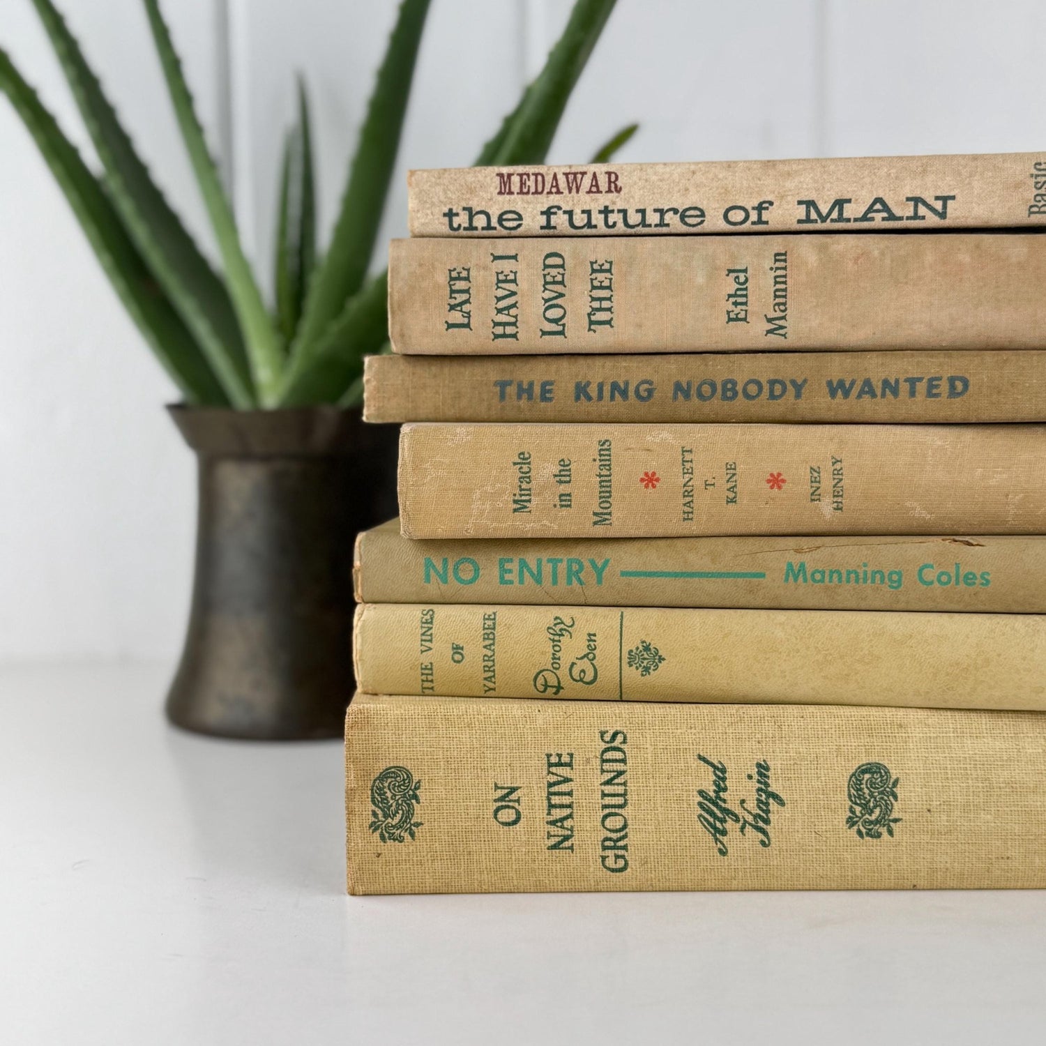 Vintage Cream and Green Book Set for Neutral Mid - Century Shelf Styling - Pretty Old Books