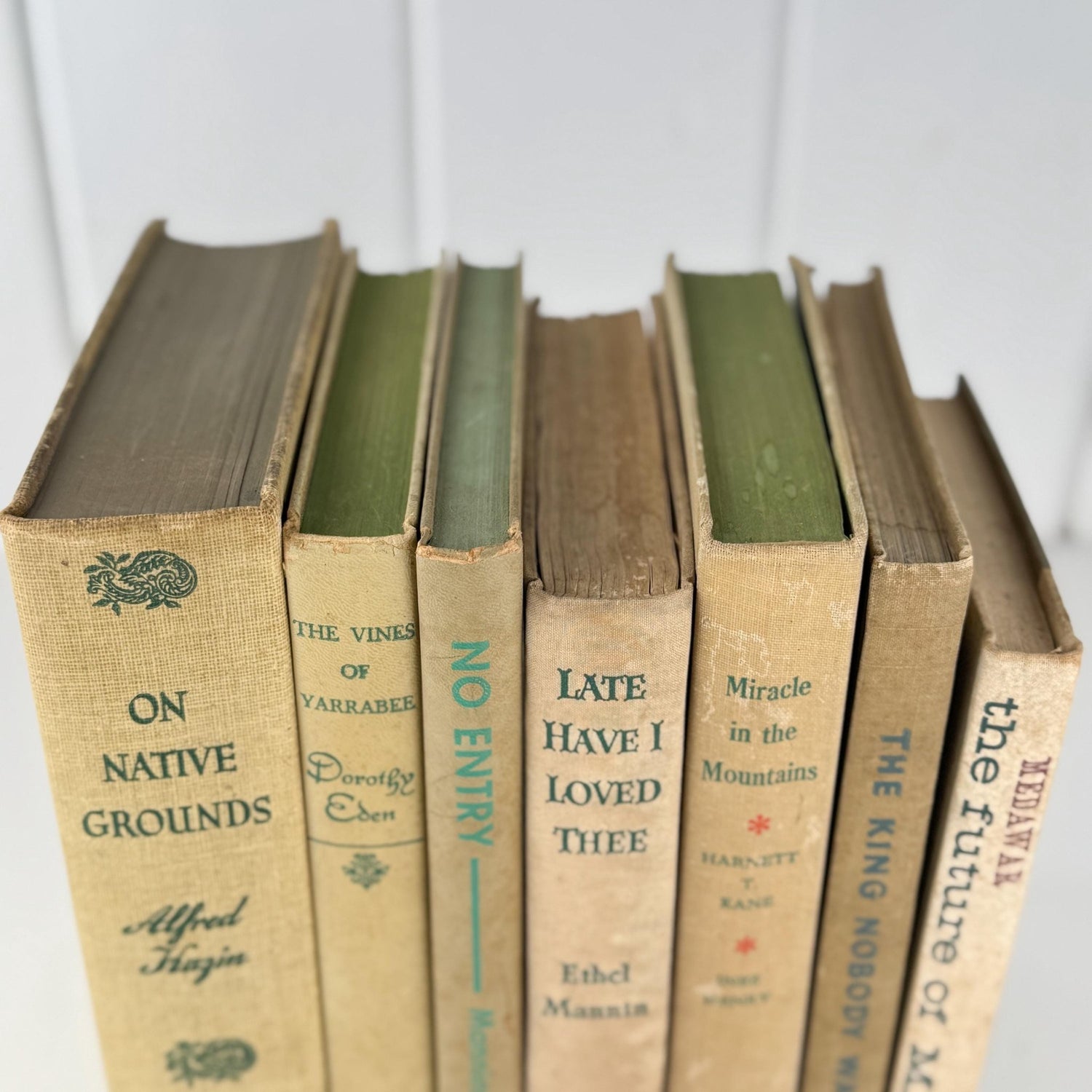 Vintage Cream and Green Book Set for Neutral Mid - Century Shelf Styling - Pretty Old Books