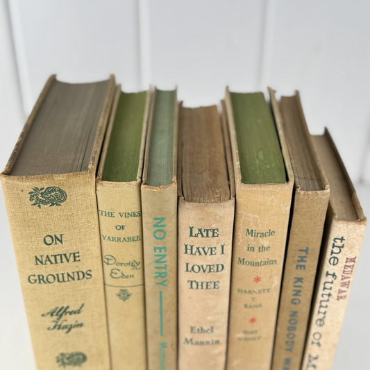 Vintage Cream and Green Book Set for Neutral Mid - Century Shelf Styling - Pretty Old Books