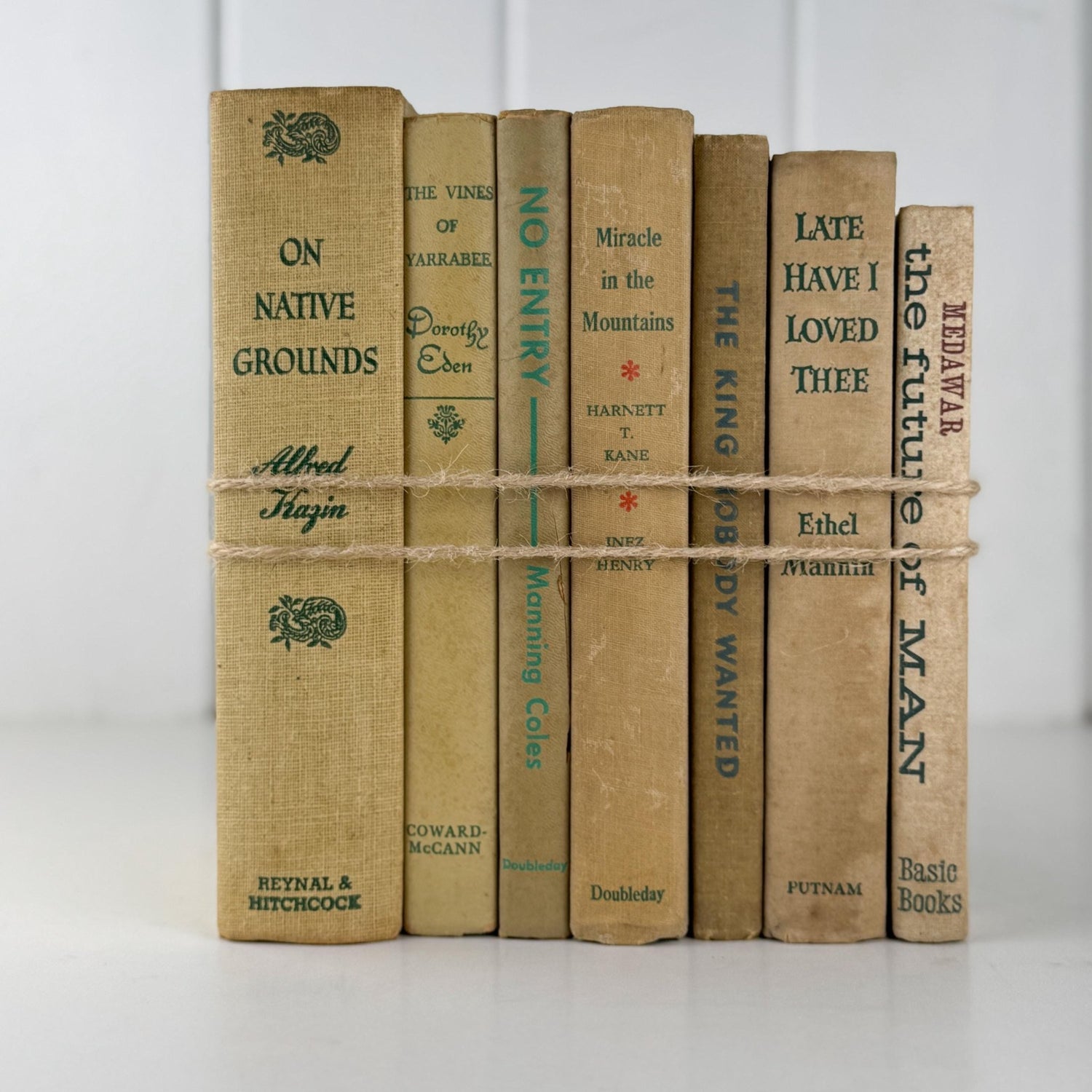 Vintage Cream and Green Book Set for Neutral Mid - Century Shelf Styling - Pretty Old Books