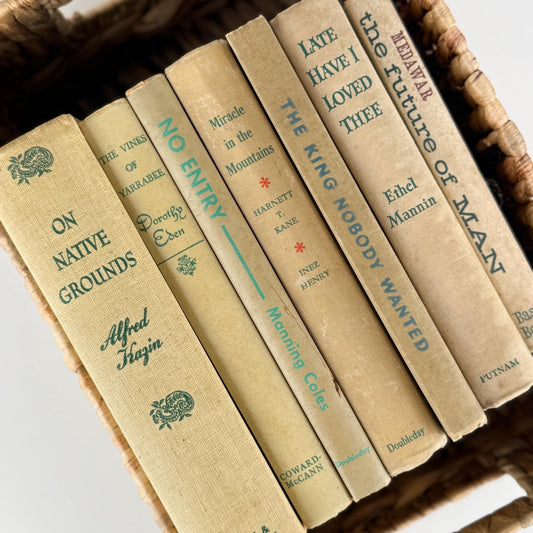 Vintage Cream and Green Book Set for Neutral Mid - Century Shelf Styling - Pretty Old Books