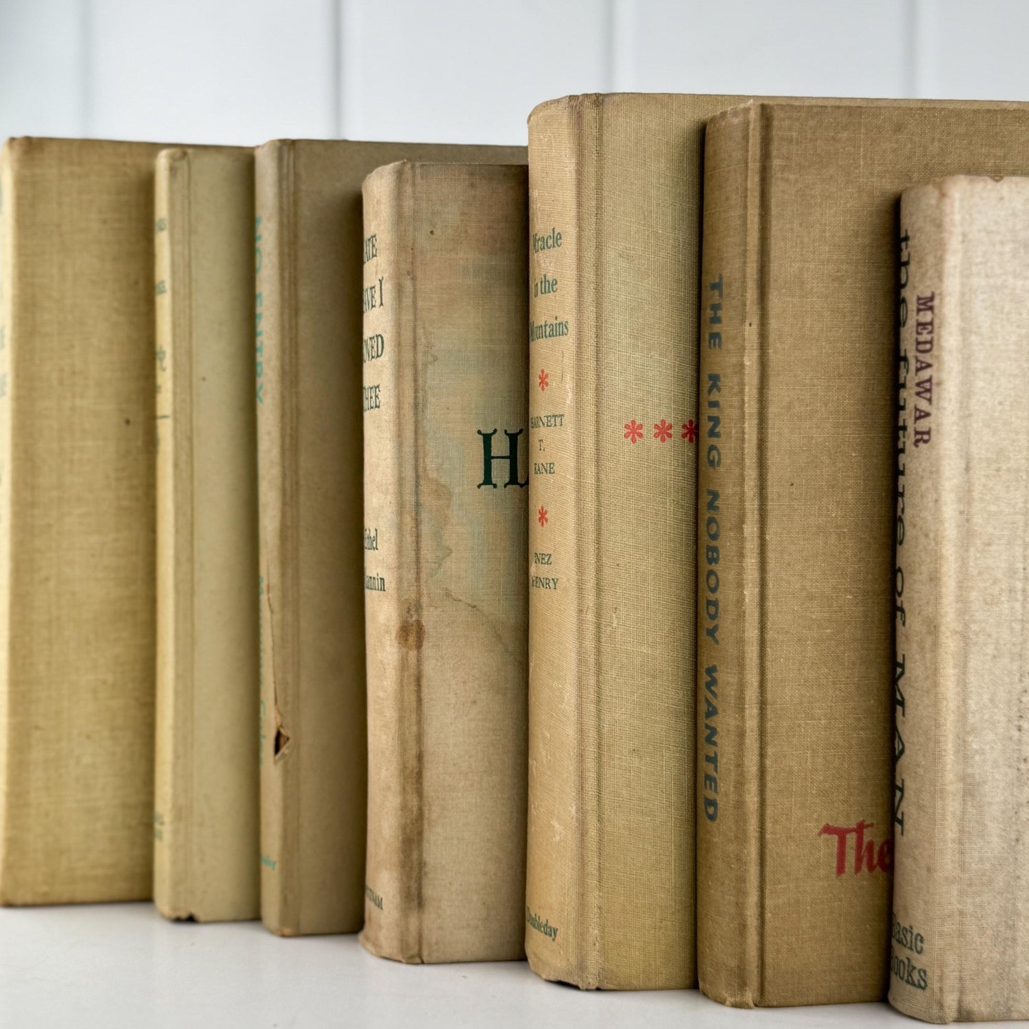 Vintage Cream and Green Book Set for Neutral Mid - Century Shelf Styling - Pretty Old Books