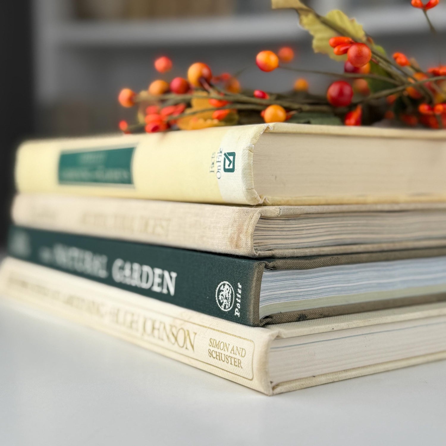 Vintage Cream and Green Gardening Coffee Table Book Bundle for Shelf Styling - Pretty Old Books