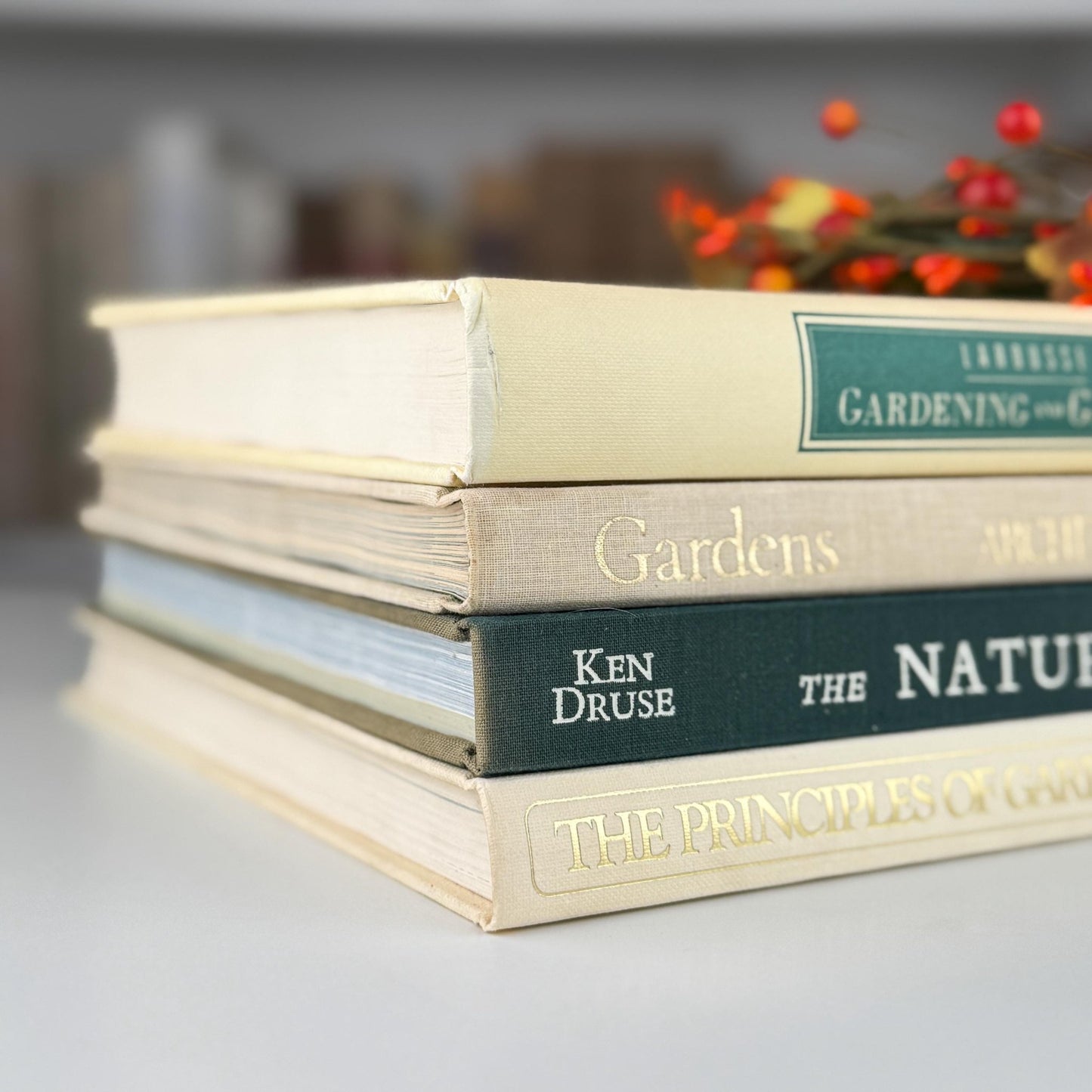 Vintage Cream and Green Gardening Coffee Table Book Bundle for Shelf Styling - Pretty Old Books