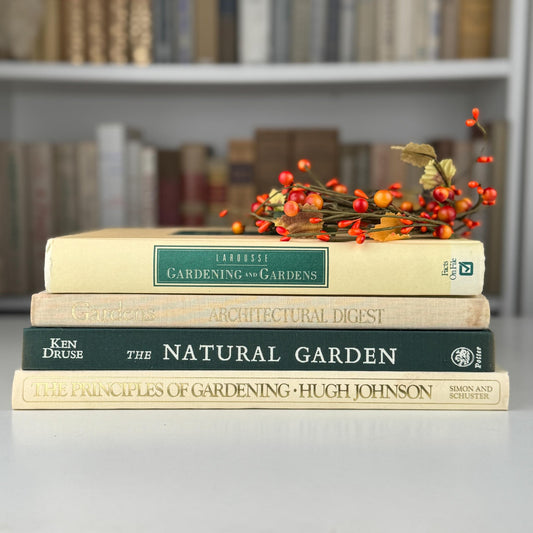 Vintage Cream and Green Gardening Coffee Table Book Bundle for Shelf Styling - Pretty Old Books