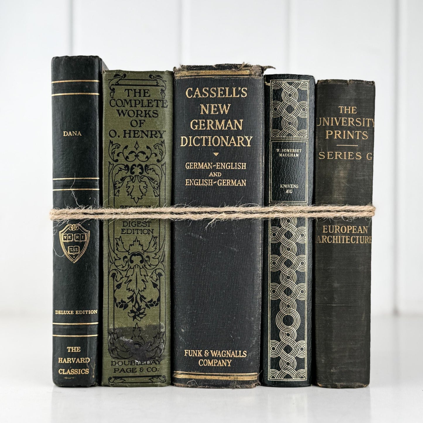 Vintage Dark Olive Green and Black Books for Bookshelf Decor and Shelf Styling - Pretty Old Books