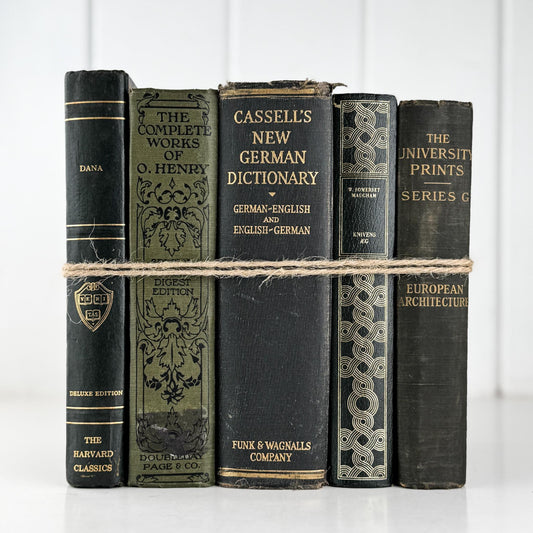 Vintage Dark Olive Green and Black Books for Bookshelf Decor and Shelf Styling - Pretty Old Books