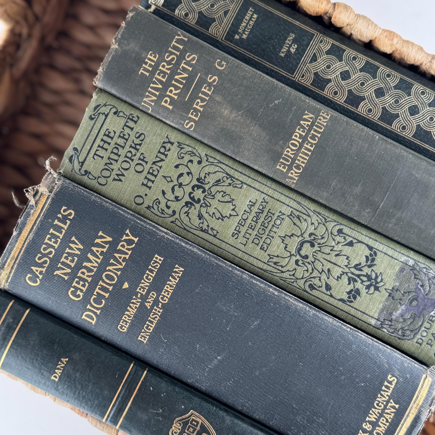 Vintage Dark Olive Green and Black Books for Bookshelf Decor and Shelf Styling - Pretty Old Books