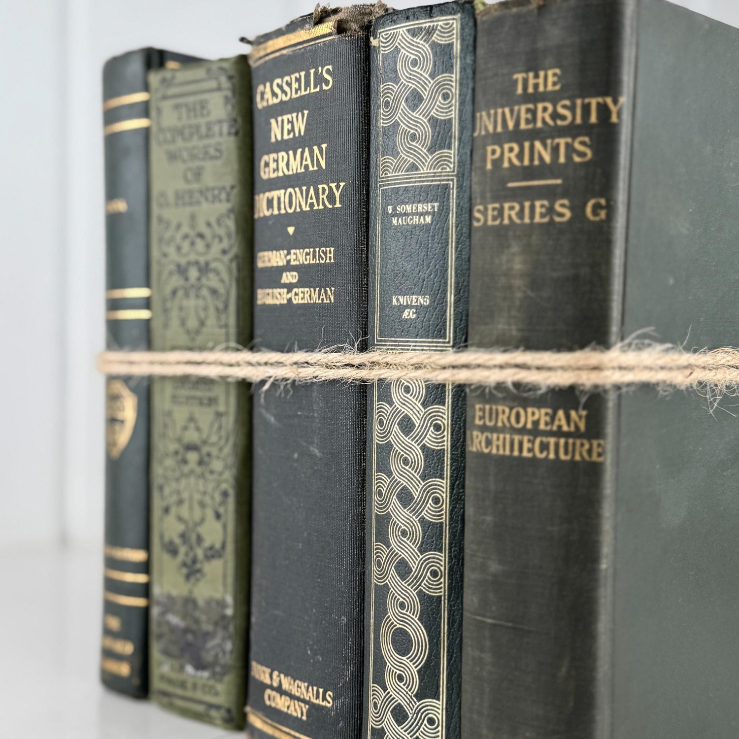 Vintage Dark Olive Green and Black Books for Bookshelf Decor and Shelf Styling - Pretty Old Books