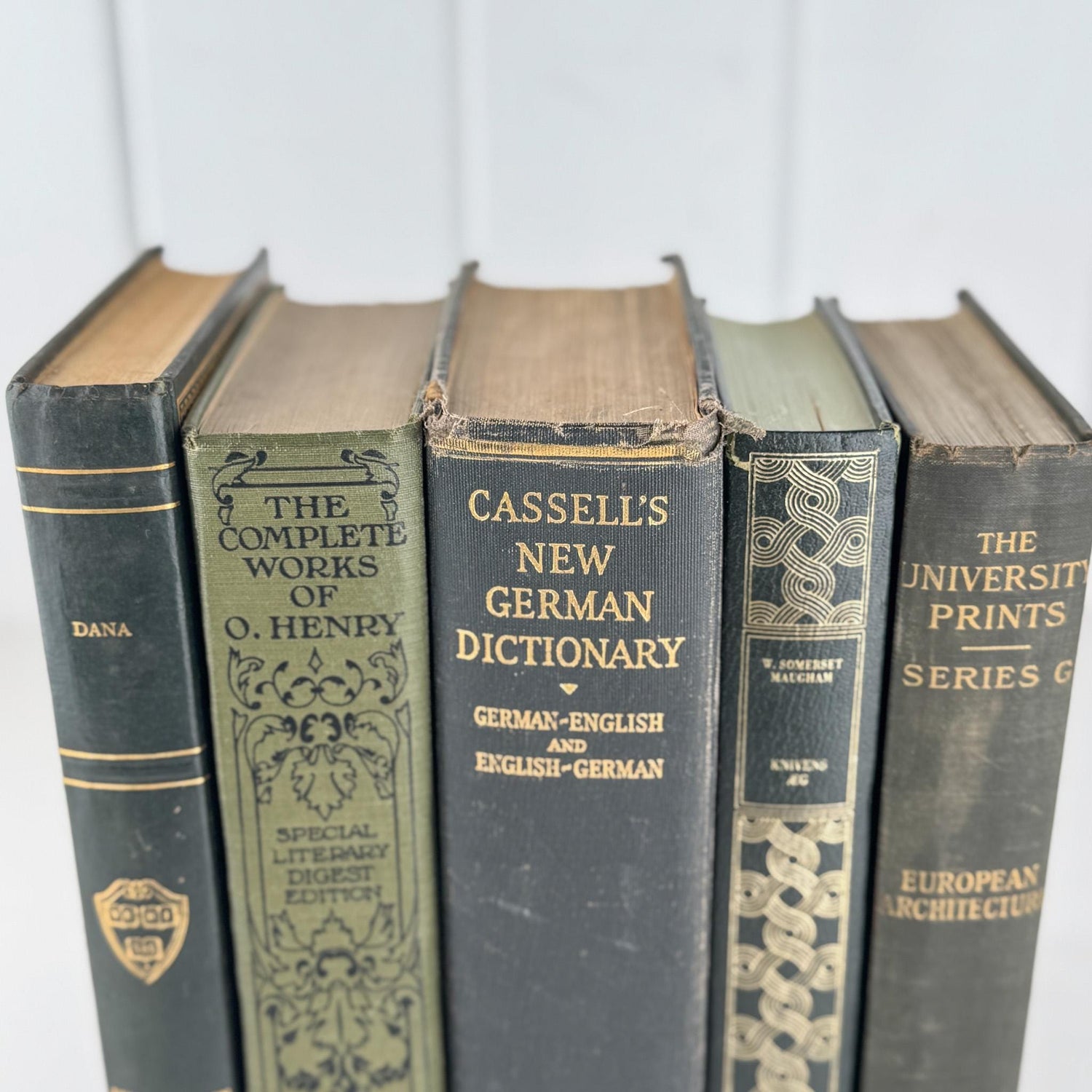 Vintage Dark Olive Green and Black Books for Bookshelf Decor and Shelf Styling - Pretty Old Books