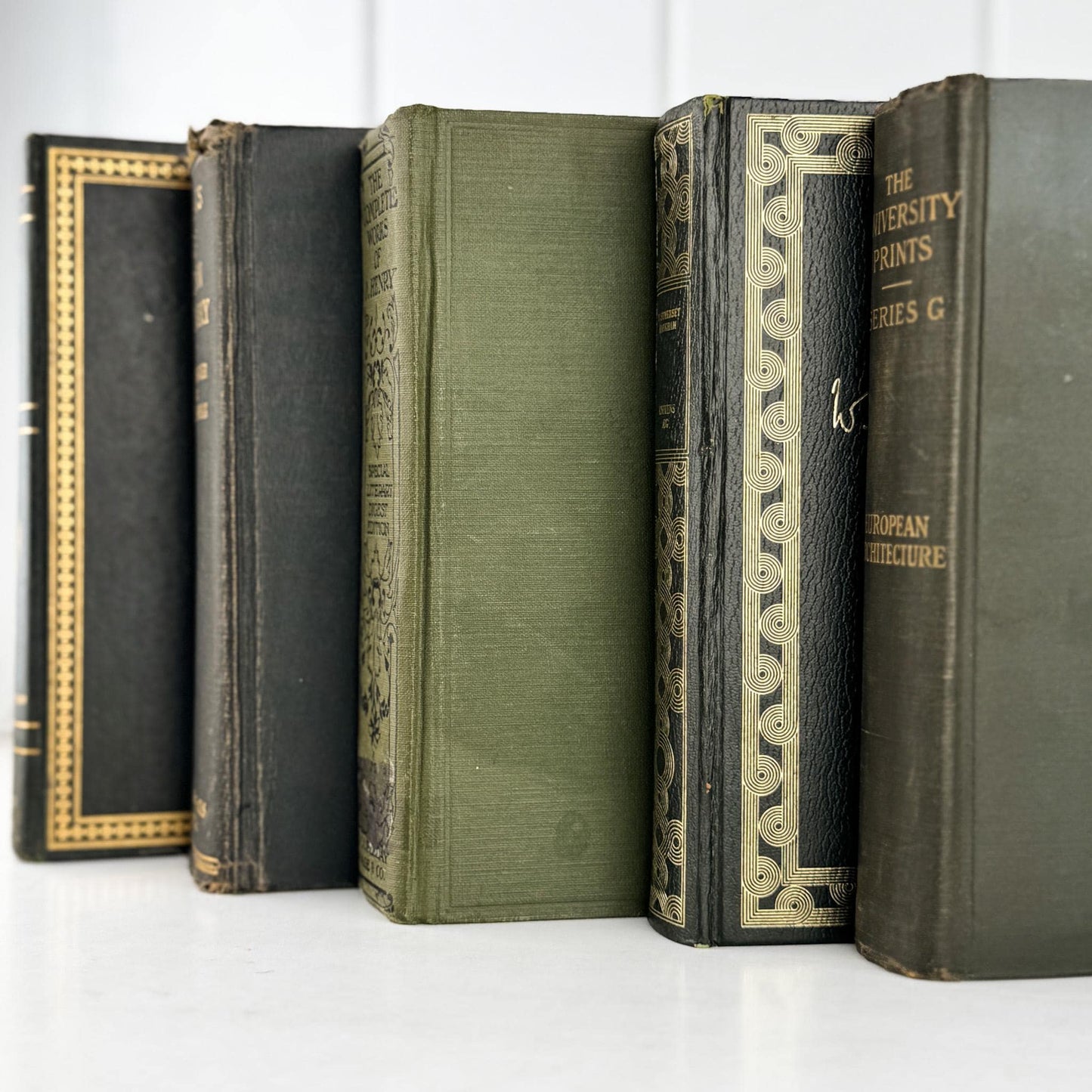 Vintage Dark Olive Green and Black Books for Bookshelf Decor and Shelf Styling - Pretty Old Books