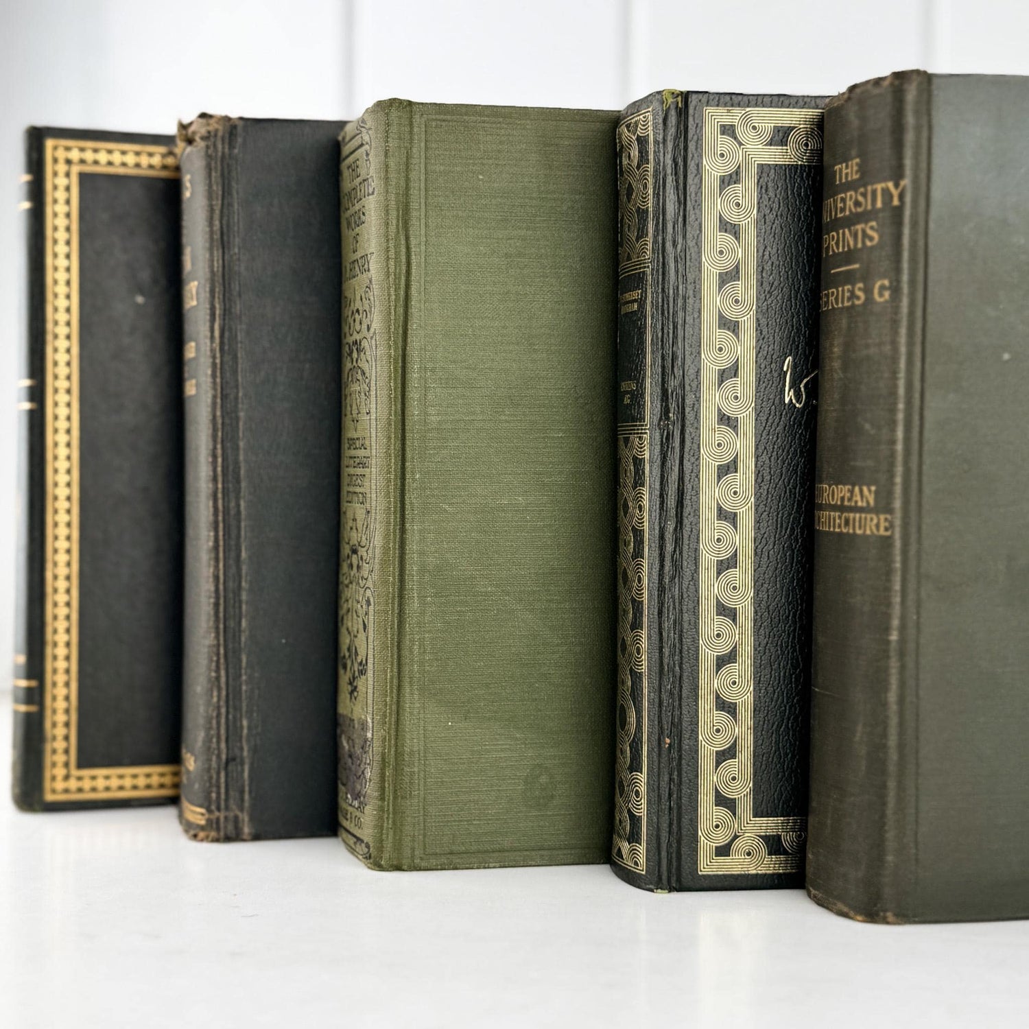 Vintage Dark Olive Green and Black Books for Bookshelf Decor and Shelf Styling - Pretty Old Books