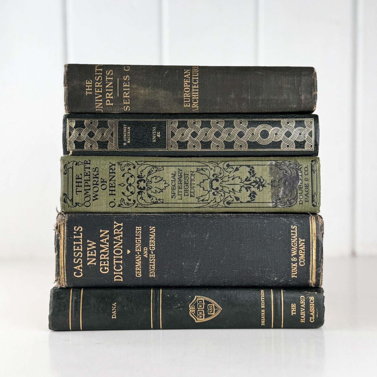 Vintage Dark Olive Green and Black Books for Bookshelf Decor and Shelf Styling - Pretty Old Books