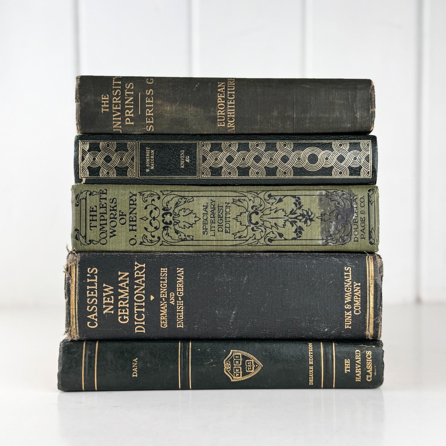 Vintage Dark Olive Green and Black Books for Bookshelf Decor and Shelf Styling - Pretty Old Books