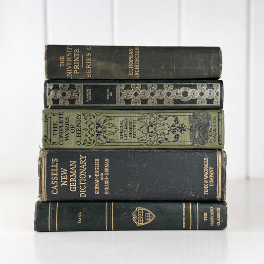 Vintage Dark Olive Green and Black Books for Bookshelf Decor and Shelf Styling - Pretty Old Books