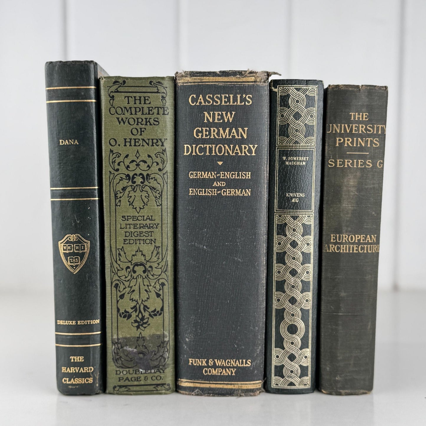 Vintage Dark Olive Green and Black Books for Bookshelf Decor and Shelf Styling - Pretty Old Books