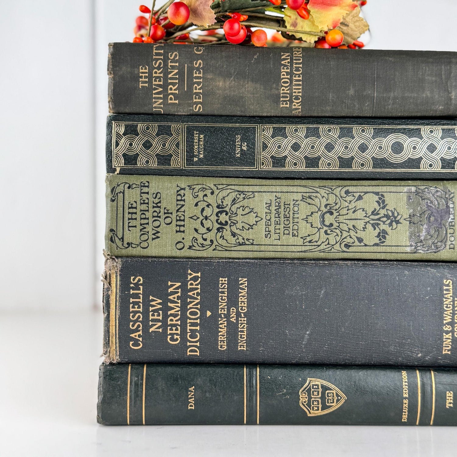 Vintage Dark Olive Green and Black Books for Bookshelf Decor and Shelf Styling - Pretty Old Books