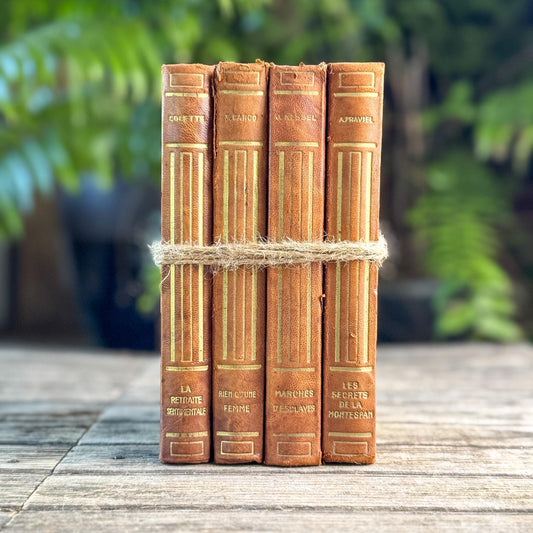 Vintage French Leather Book Set in Cognac Brown with Art Deco Gilt Spines - Pretty Old Books