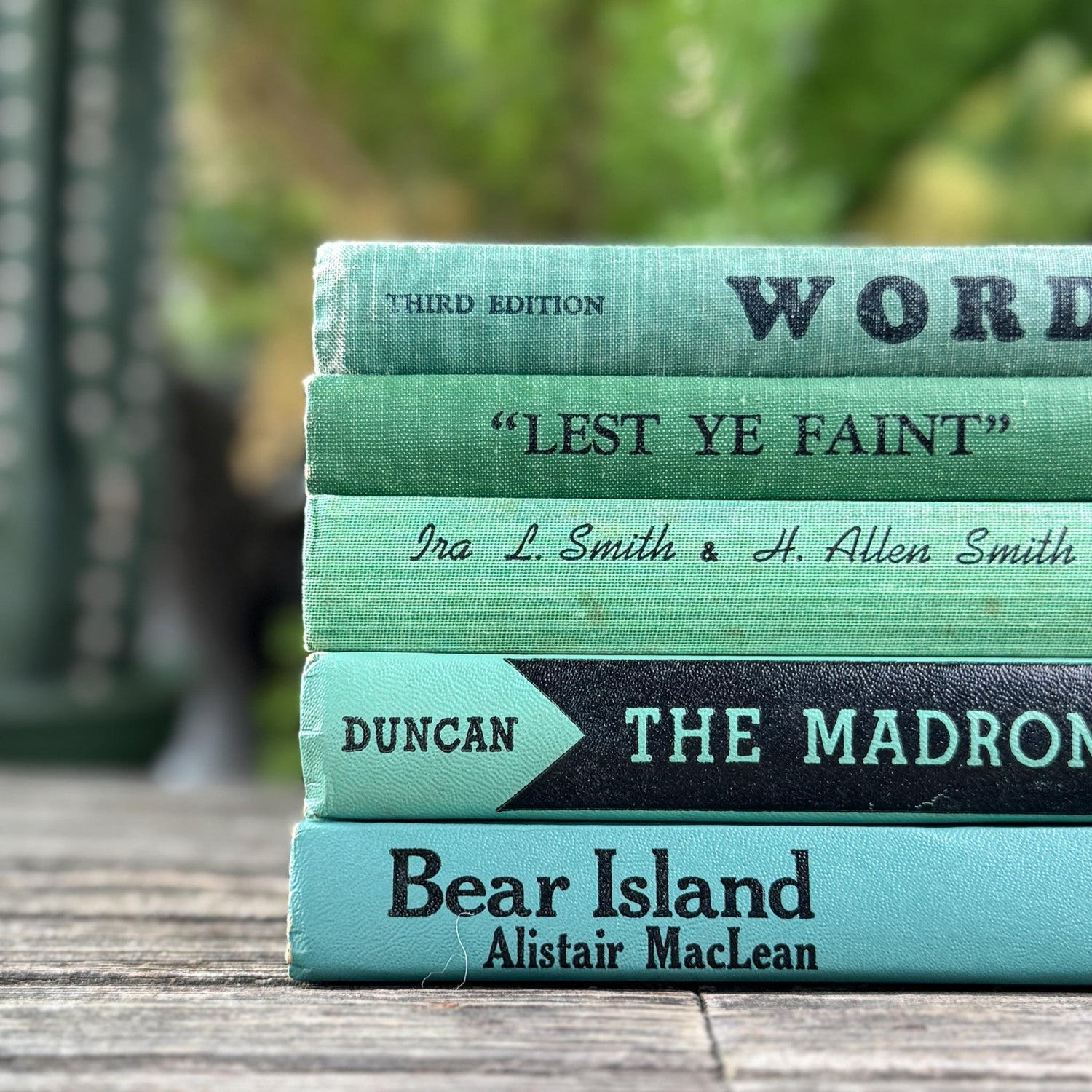 Vintage Green Books with Fun Black Lettering for Shelf Styling - Pretty Old Books
