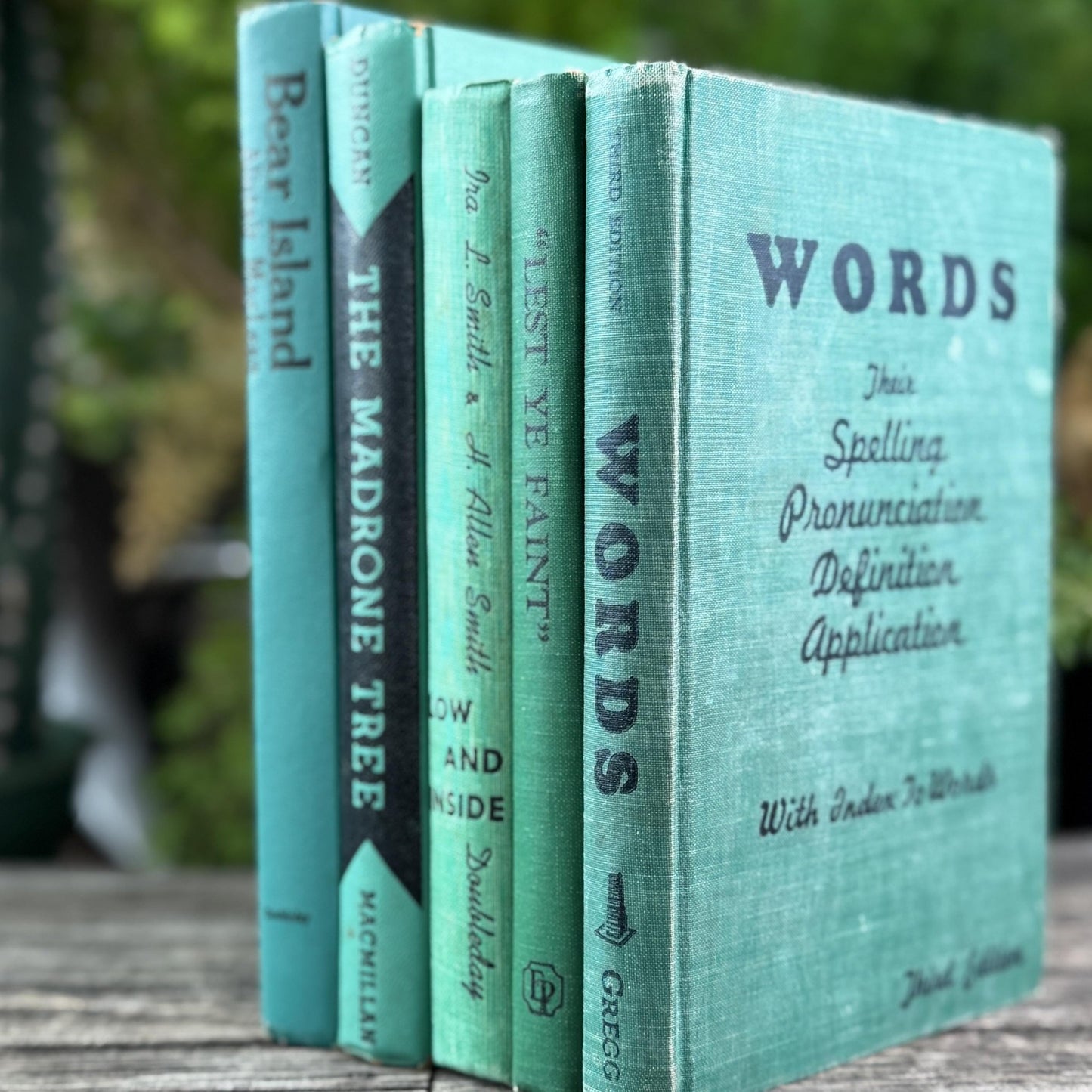 Vintage Green Books with Fun Black Lettering for Shelf Styling - Pretty Old Books