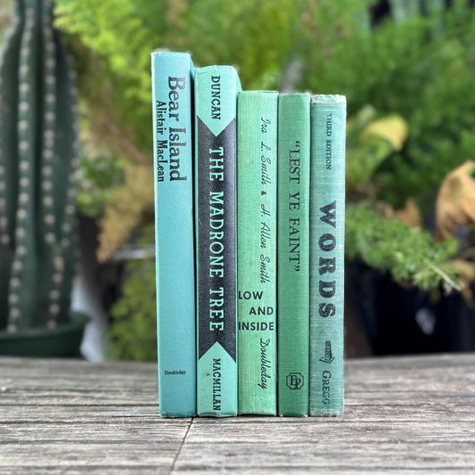 Vintage Green Books with Fun Black Lettering for Shelf Styling - Pretty Old Books
