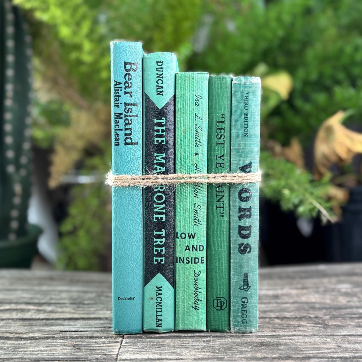 Vintage Green Books with Fun Black Lettering for Shelf Styling - Pretty Old Books
