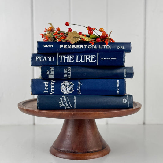 Vintage Indigo Navy Blue and White Retro Book Set for Shelf Styling - Pretty Old Books