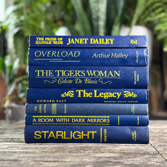 Vintage Indigo Navy Blue and Yellow Retro Book Set for Shelf Styling - Pretty Old Books