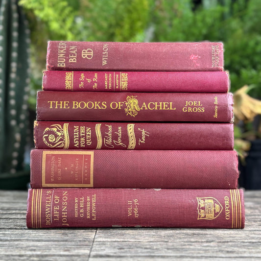 Vintage Maroon Red and Gold Book Set, Books By Color for Shelf Styling - Pretty Old Books