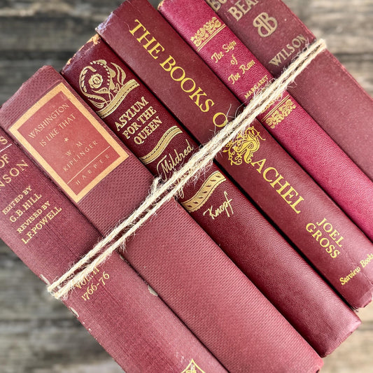 Vintage Maroon Red and Gold Book Set, Books By Color for Shelf Styling - Pretty Old Books