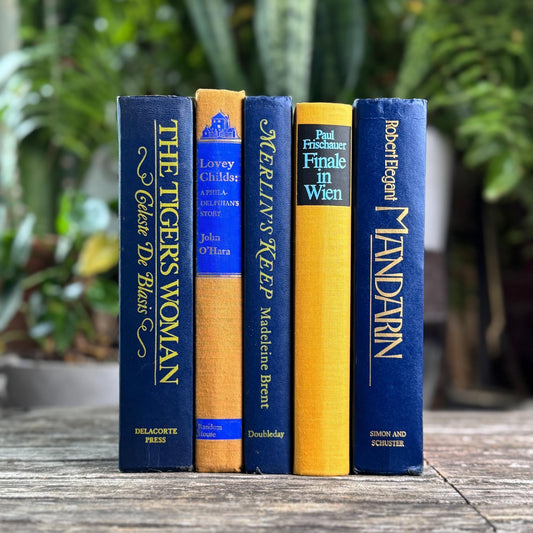Vintage Mid Century Blue & Yellow Book Set For Shelf Styling - Pretty Old Books
