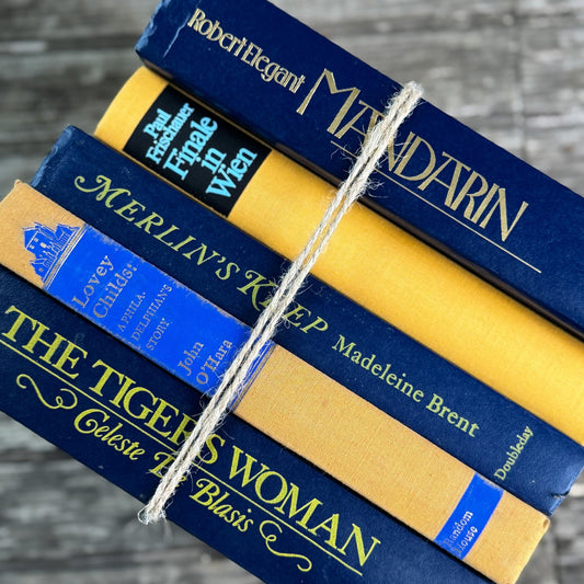 Vintage Mid Century Blue & Yellow Book Set For Shelf Styling - Pretty Old Books