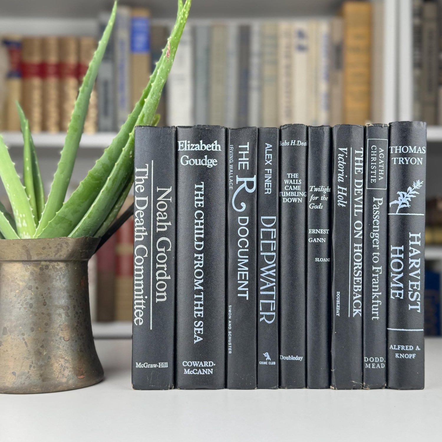 Vintage Mid Century Modern Black Books and White Lettering for Bookshelf Decor - Pretty Old Books