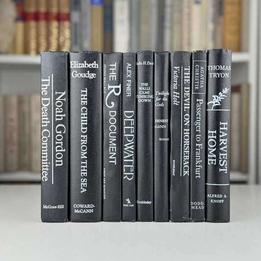 Vintage Mid Century Modern Black Books and White Lettering for Bookshelf Decor - Pretty Old Books