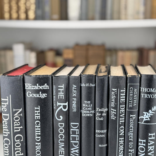 Vintage Mid Century Modern Black Books and White Lettering for Bookshelf Decor - Pretty Old Books