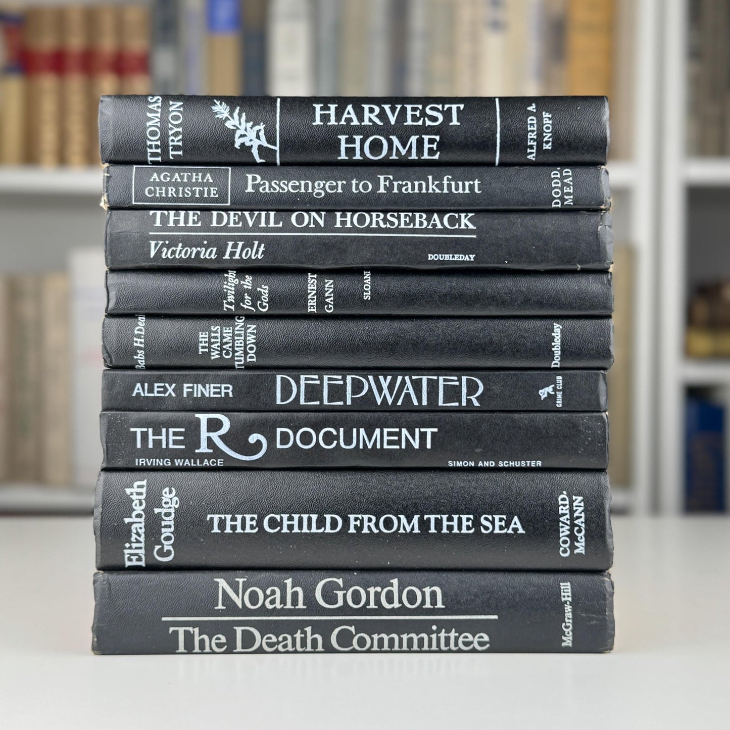 Vintage Mid Century Modern Black Books and White Lettering for Bookshelf Decor - Pretty Old Books