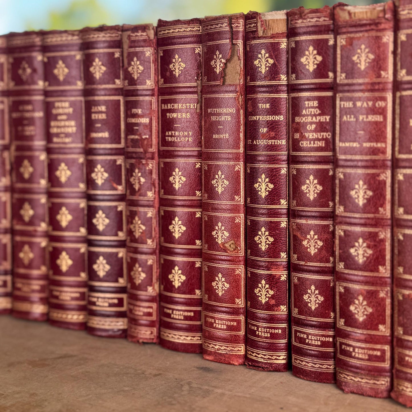 Vintage Mid Century Red & Gold Fine Editions Set – Shabby Decorative Leather Classic Literature Books - Pretty Old Books