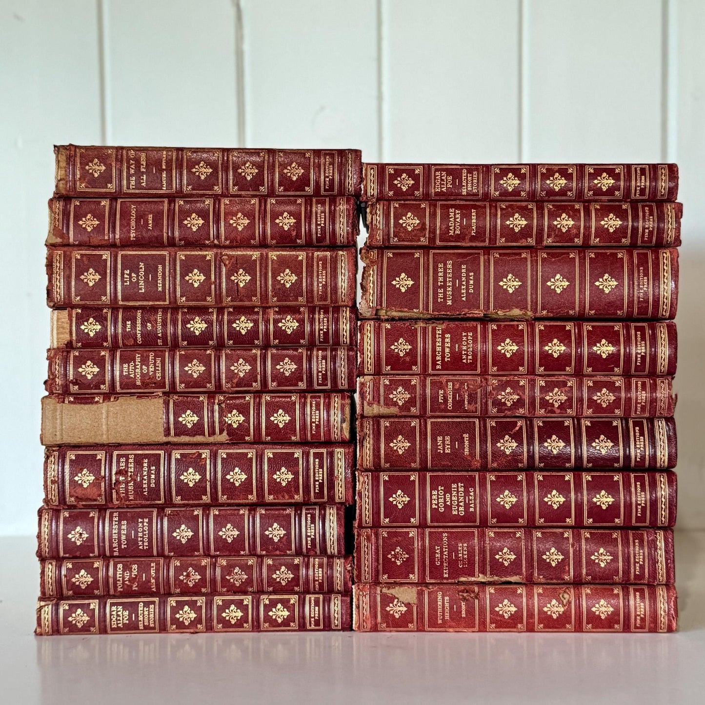 Vintage Mid Century Red & Gold Fine Editions Set – Shabby Decorative Leather Classic Literature Books - Pretty Old Books