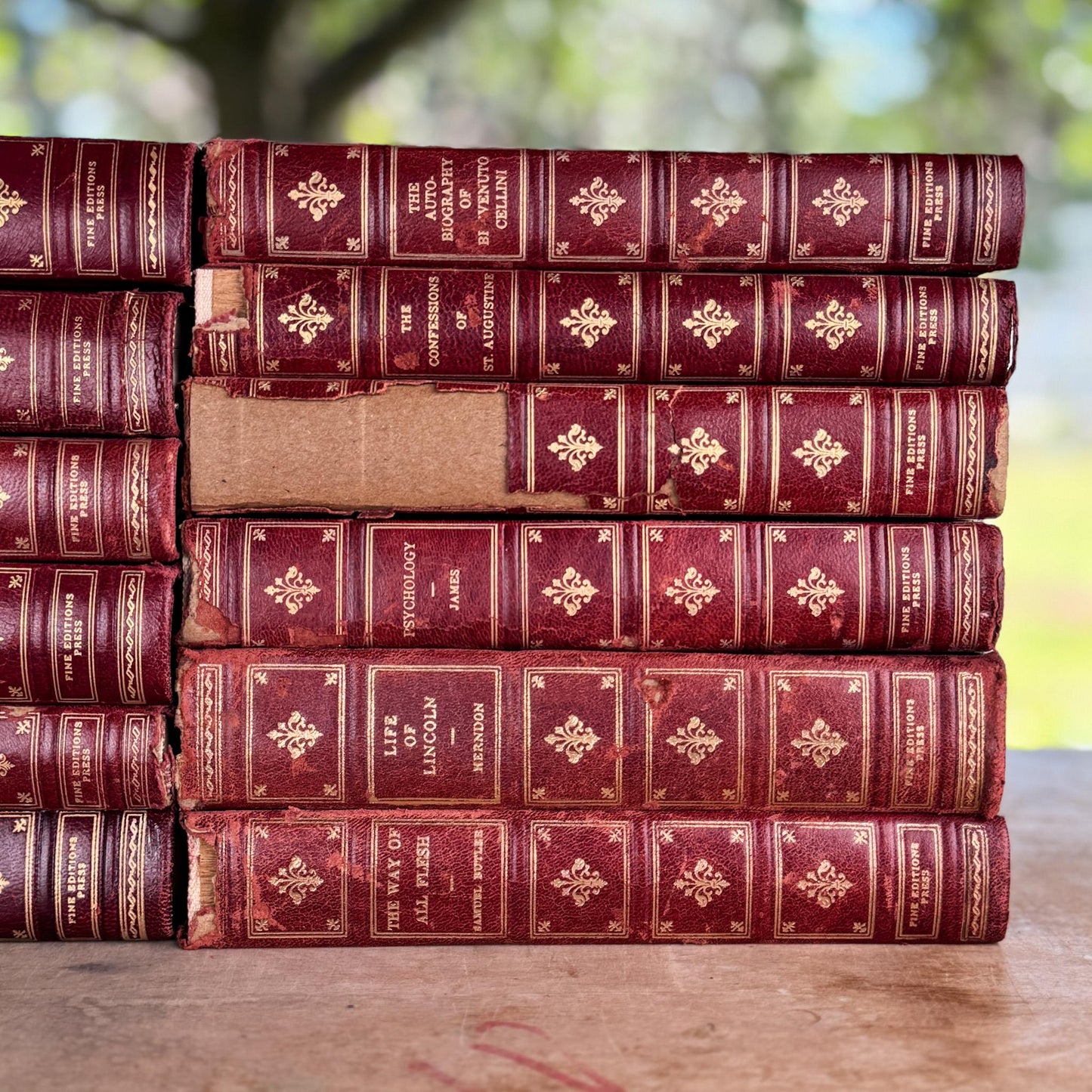 Vintage Mid Century Red & Gold Fine Editions Set – Shabby Decorative Leather Classic Literature Books - Pretty Old Books